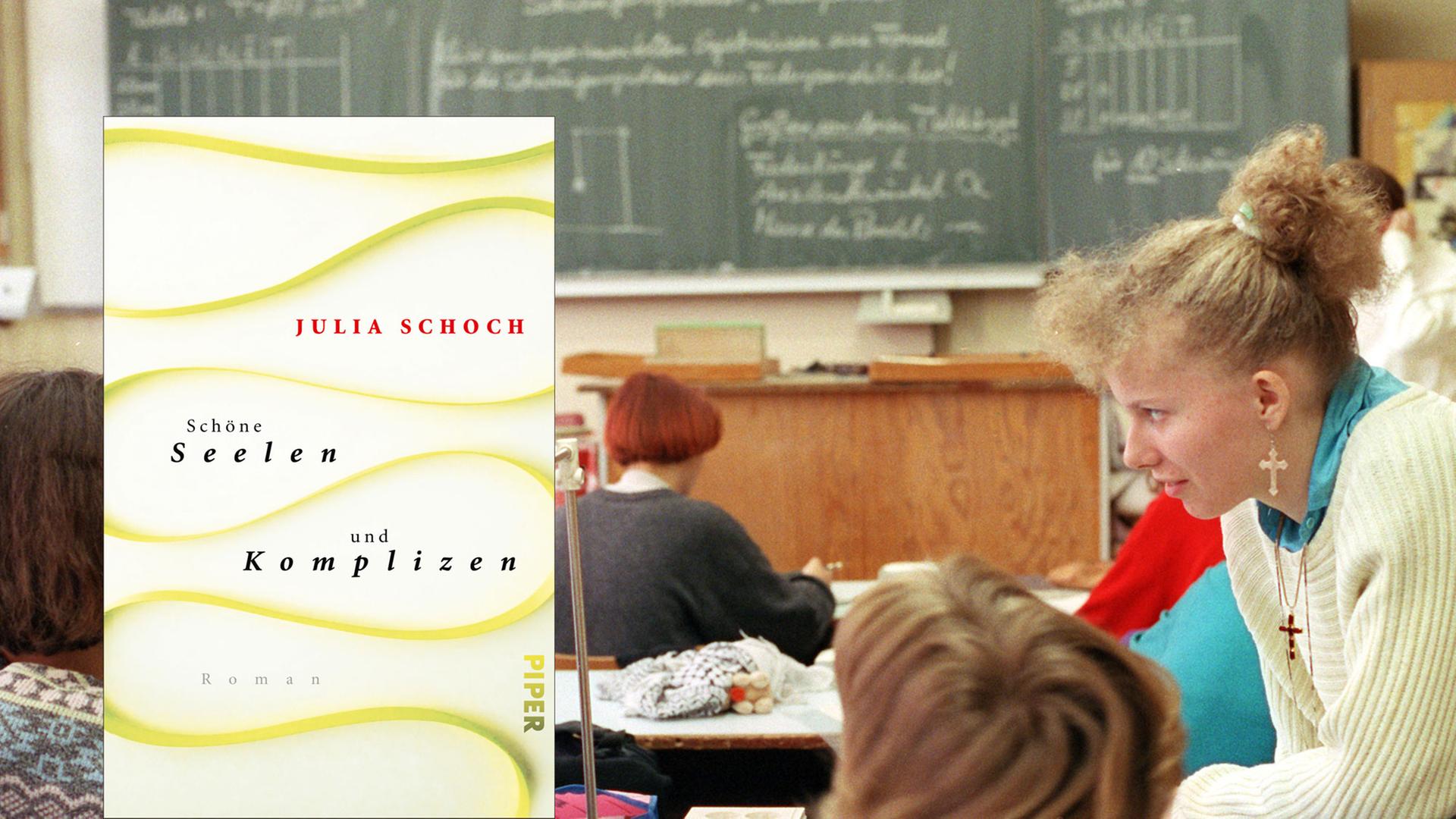 Im Hintergrund eine Szene aus einer Schule in Pankow, Berlin, im Jahr 1992, im Vordergrund das Buchcover von Julia Schoch