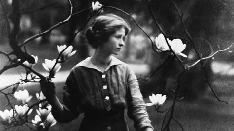 Historische Fotografie von Edna St. Vincent Millay hinter den Ästen eines blühenden Magnolienbaums, 1931