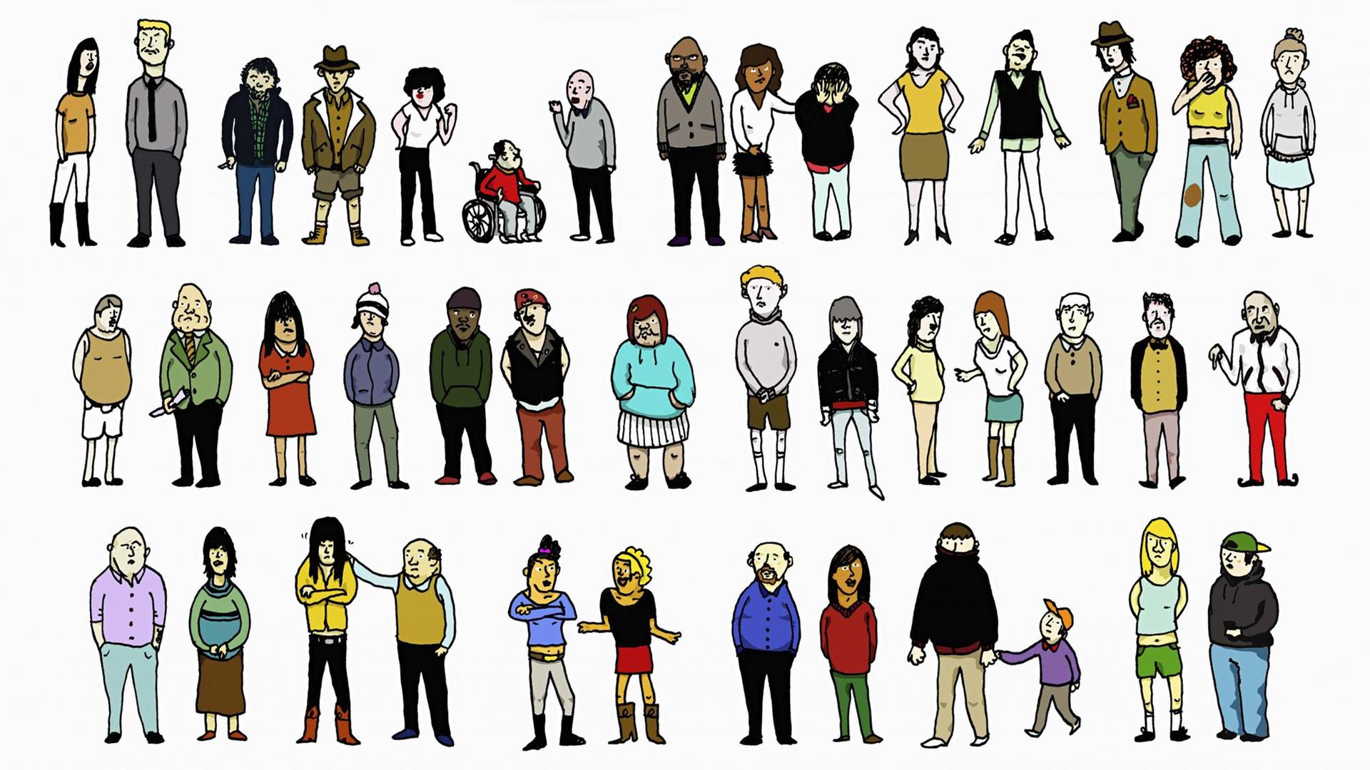 Illustration von Reihen stehender unterschiedlicher Menschen. Illustration von Reihen stehender unterschiedlicher Menschen.
