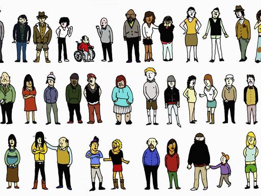 Illustration von Reihen stehender unterschiedlicher Menschen.