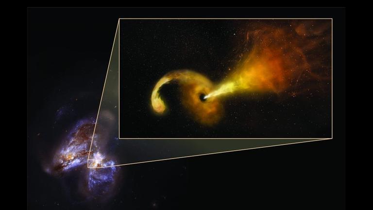 Beim Absturz eines Sterns in ein massereiches Schwarzes Loch wurde ein Teil der Sternmaterie als Jet davon geschleudert (Zeichnerische Darstellung) Beim Absturz eines Sterns in ein massereiches Schwarzes Loch wurde ein Teil der Sternmaterie als Jet davon geschleudert (Zeichnerische Darstellung)
