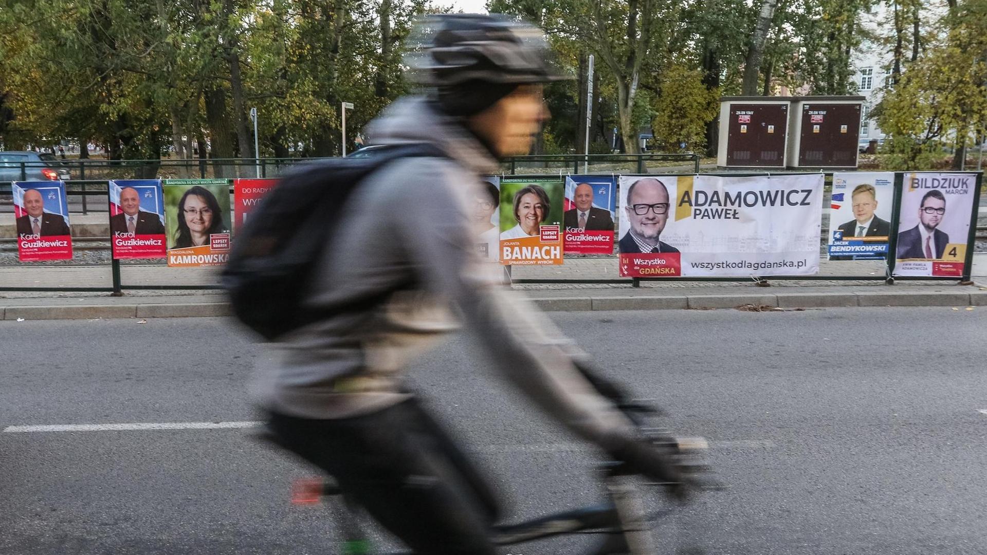 In Danzig fährt ein Radfahrer an zahlreichen Wahlplakaten vorbei. Am 21. Oktober 2018 sind in Polen Kommunalwahlen.