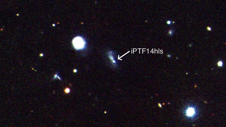 Die Supernova iPTF14hls ist am Rande einer kleinen Galaxie aufgeflammt Die Supernova iPTF14hls ist am Rande einer kleinen Galaxie aufgeflammt