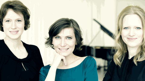 Die lächelnden Musikerinnen des Boulanger Trio im Halbporträt mit einem Flügel im Hintergrund: Ilona Kindt, Karla Haltenwanger und Birgit Erz.