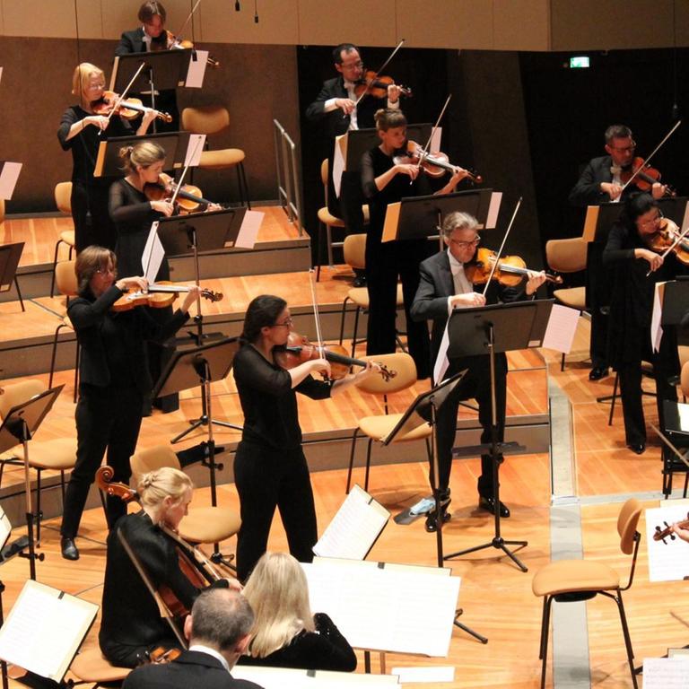 Ein schwarz gekleidetes Streichorchester spielt stehend, der Dirigent steht rechts mittig und blickt auf seine Noten, die vor ihm auf einem Pult liegen.