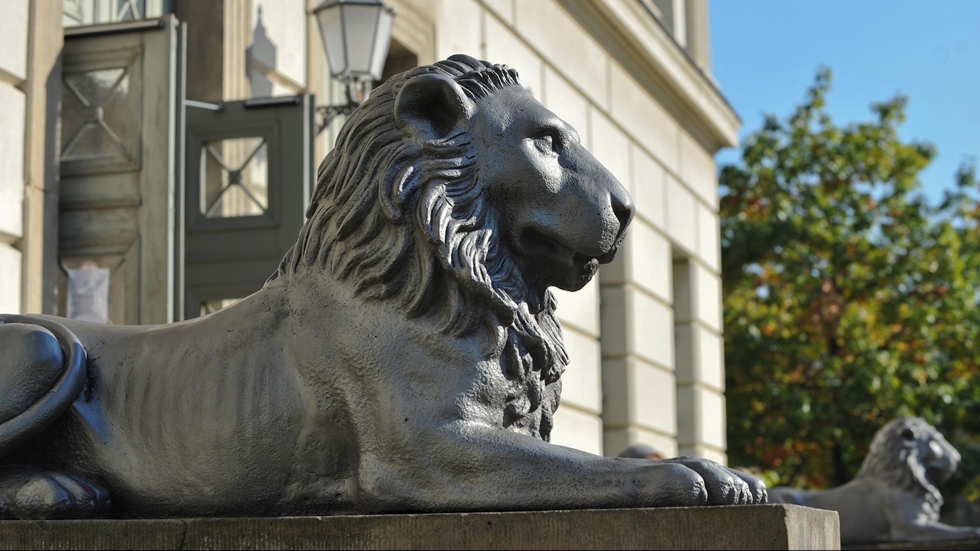 Löwenskulptur am Universitätsplatz in Halle