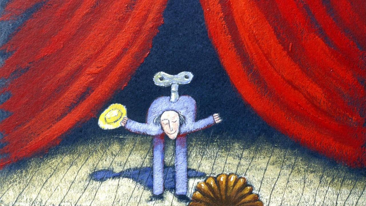 Illustration: Ein aufziehbarer Schauspieler auf einer Theaterbühne. Illustration: Ein aufziehbarer Schauspieler auf einer Theaterbühne.