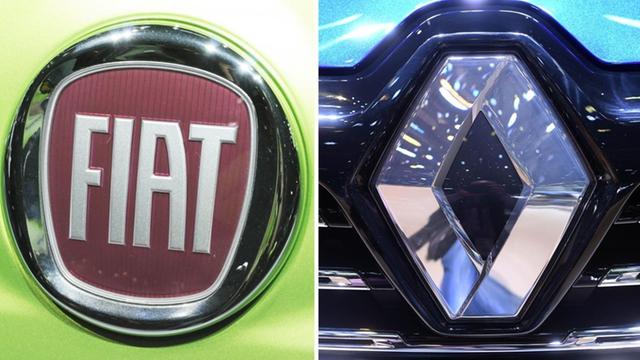 Die Logos von Chrysler, Fiat (M) und Renault.