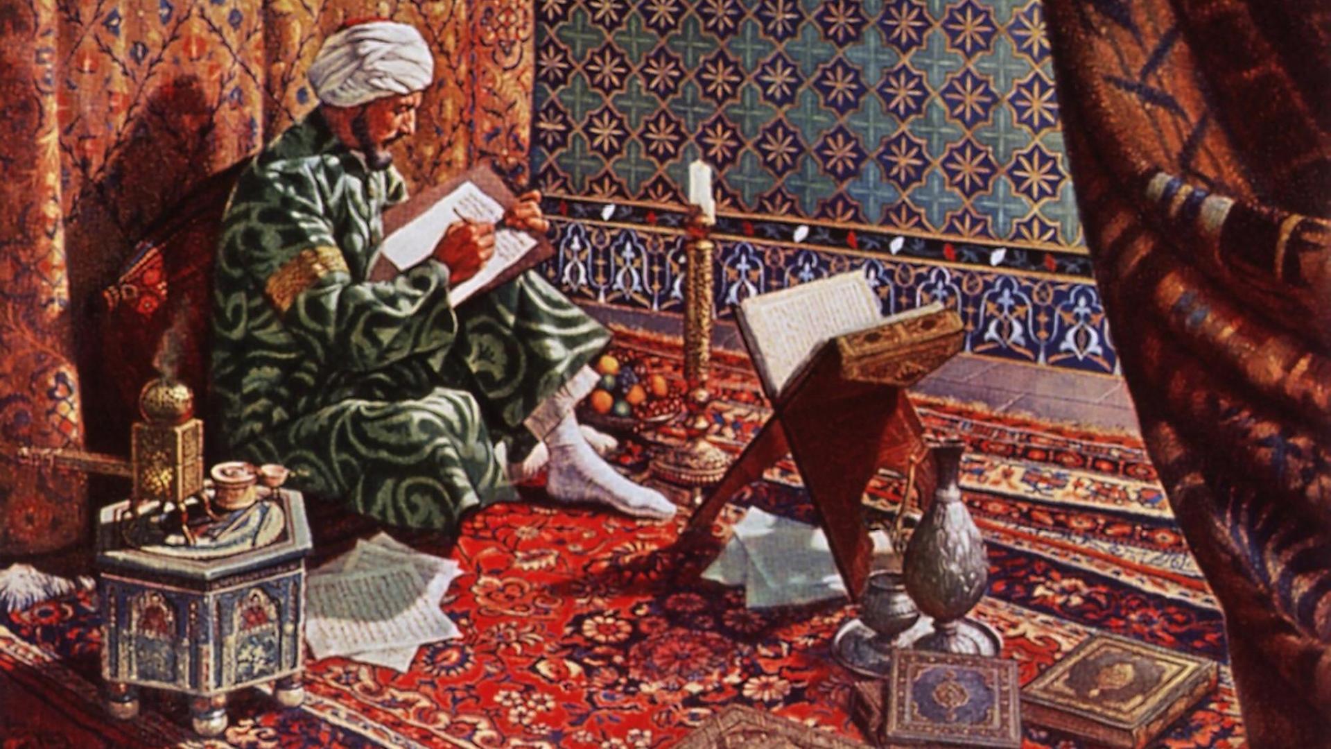 Porträt von Avicenna, der auf einem orientalisch gemusterten Teppich zwischen aufgeschlagenen Büchern sitzt und etwas schreibt. Porträt von Avicenna, der auf einem orientalisch gemusterten Teppich zwischen aufgeschlagenen Büchern sitzt und etwas schreibt.