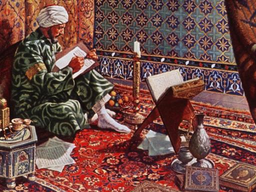 Porträt von Avicenna, der auf einem orientalisch gemusterten Teppich zwischen aufgeschlagenen Büchern sitzt und etwas schreibt.