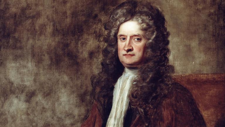 Der Physiker und Philosoph Sir Isaac Newton auf einem Gemälde der Royal Society, London Der Physiker und Philosoph Sir Isaac Newton auf einem Gemälde der Royal Society, London