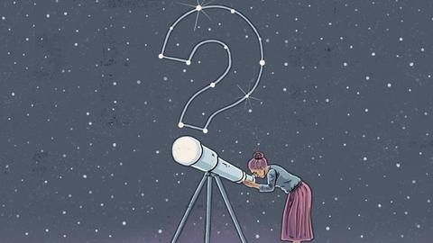 Grafik: Eine Frau schaut durch ein Teleskop auf ein Fragezeichen in den Sternen.