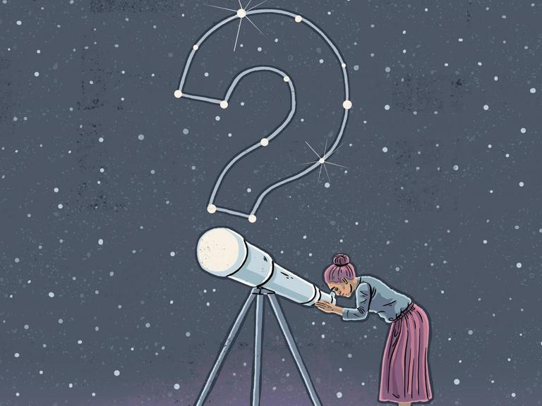 Grafik: Eine Frau schaut durch ein Teleskop auf ein Fragezeichen in den Sternen.