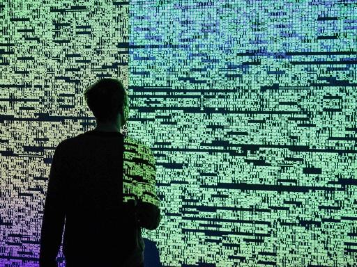 Ein Besucher betrachtet das Mulitmediaprojekt "Data Flux (12 XGA version)" des japanischen Künstlers Ryoji Ikeda im Onassis Cultural Center in Athen, aufgenommen im Februar 2019.