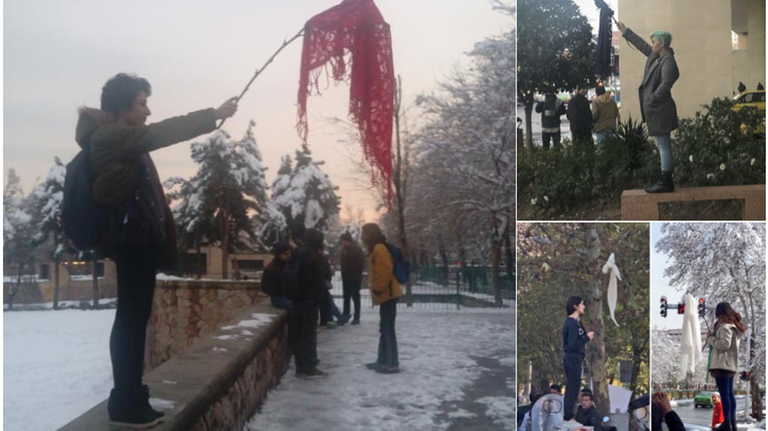 Viele Frauen im Iran demonstrierten gegen das Kopftuch-Gebot. Mehrere Frauen sind abgebildet, die ihre Kopftücher auf Stöcken vor sich hertragen.