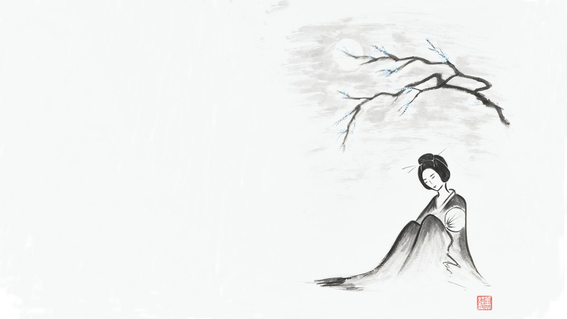 Schöne Geisha unter Sakura-Zweig sitzend, künstlerische Illustration, Japanische Zen Sumi-e Tuschemalerei auf Reispapier.