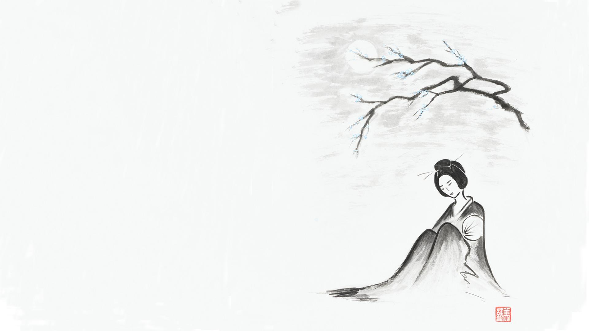Schöne Geisha unter Sakura-Zweig sitzend, künstlerische Illustration, Japanische Zen Sumi-e Tuschemalerei auf Reispapier. Schöne Geisha unter Sakura-Zweig sitzend, künstlerische Illustration, Japanische Zen Sumi-e Tuschemalerei auf Reispapier.