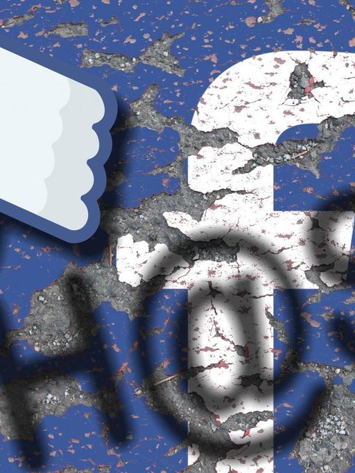 Facebook-Symbole wie die Abkürzung 'f' und der gesenkte Daumen für "dislike" auf blauem Grund und darüber steht Hass gesprüht, wobei der Buchstabe 'a' in Hass aus dem At-Zeichen besteht.