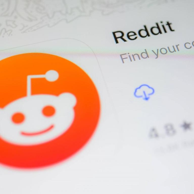 Das Logo des Sozialen Netzwerks Reddit auf einem Smartphonedisplay neben dem Claim "Find Your Community".