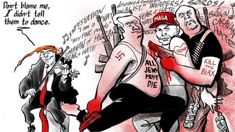 Eine Karikatur zeigt Folgendes: Donald Trump spielt Geige, daneben schwingen Nazis mit Pistolen und Hakenkreuz-Tattoos das Tanzbein. "Beschuldigt mich nicht", sagt Trump. "Ich habe sie nicht aufgefordert zu tanzen."