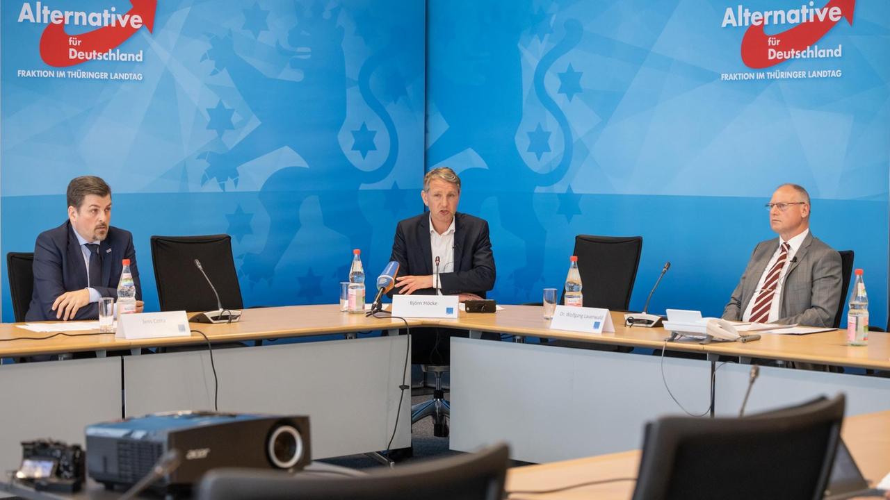 Jens Cotta (l.), stellvertretender AfD-Fraktionsvorsitzender, Björn Höcke (M.), Thüringer AfD-Fraktionschef und Wolfgang Lauerwald, gesundheitspolitischer Sprecher der AfD-Fraktion, sprechen bei einer Pressekonferenz im Landtag