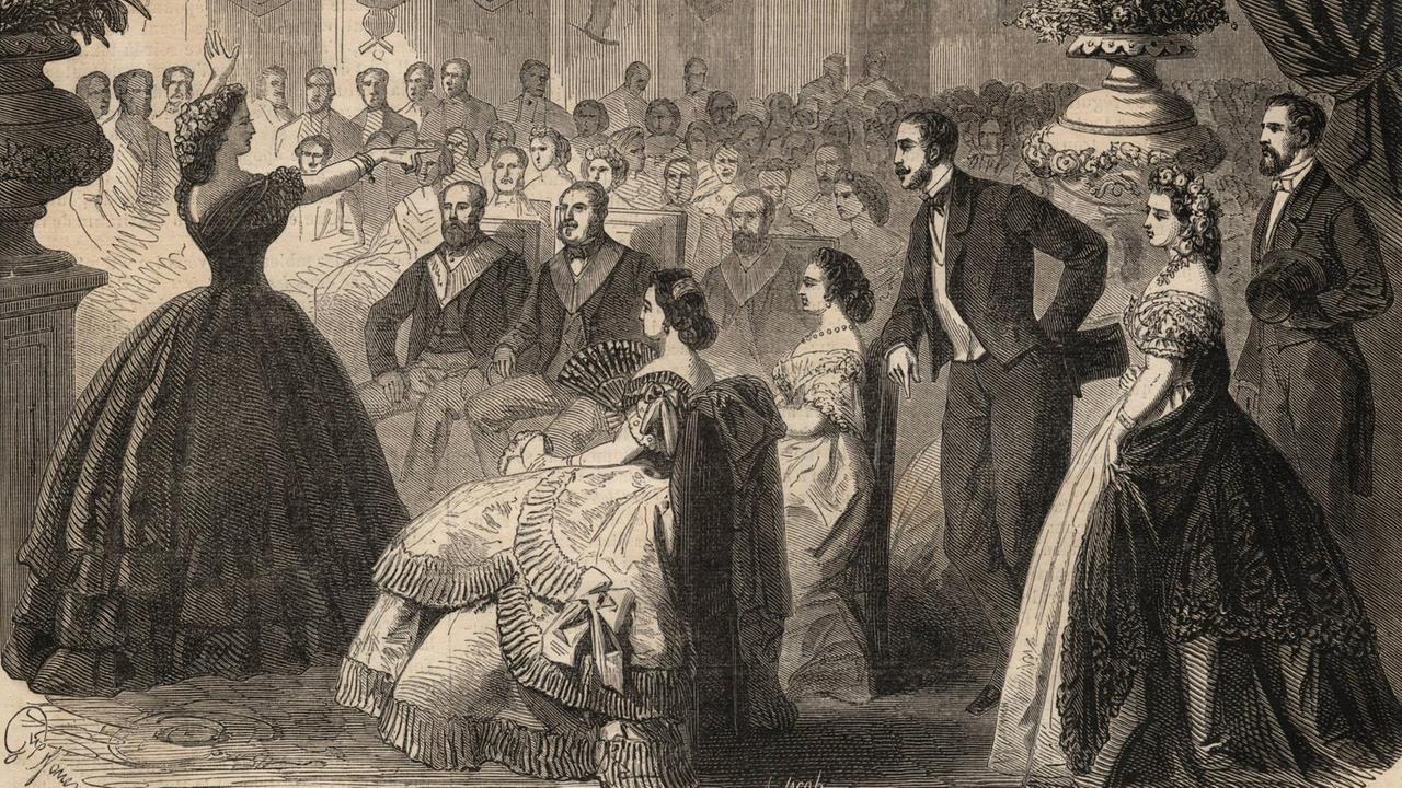 Pauline Viardot-Garcia ist auf einem Kupferstich der "Le Monde Illustrious" von 1862 zu sehen, wie sie in einem Salon vor ihrem Publikum mit großer Geste singt. Pauline Viardot-Garcia ist auf einem Kupferstich der "Le Monde Illustrious" von 1862 zu sehen, wie sie in einem Salon vor ihrem Publikum mit großer Geste singt.