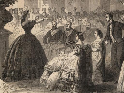 Pauline Viardot-Garcia ist auf einem Kupferstich der "Le Monde Illustrious" von 1862 zu sehen, wie sie in einem Salon vor ihrem Publikum mit großer Geste singt.