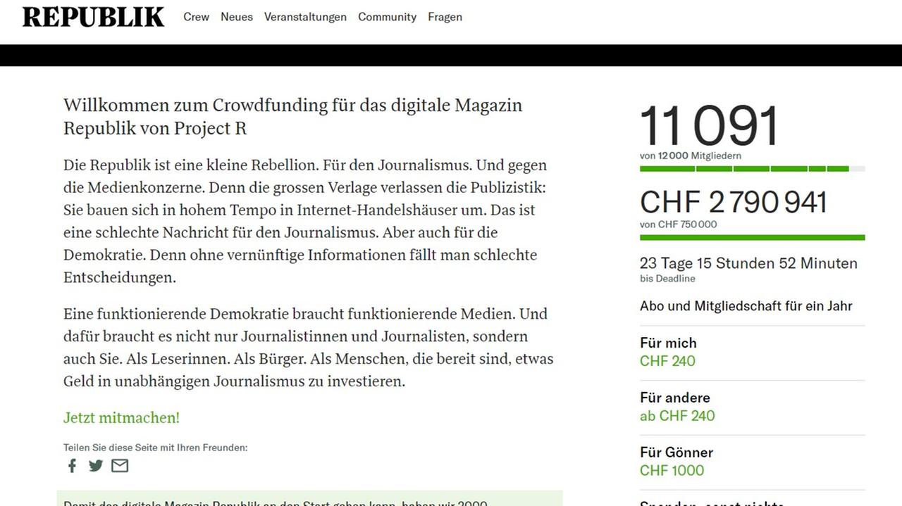 Ein Screenshot der Crow-Funding-Aktion für "Republik" Ein Screenshot der Crow-Funding-Aktion für "Republik"