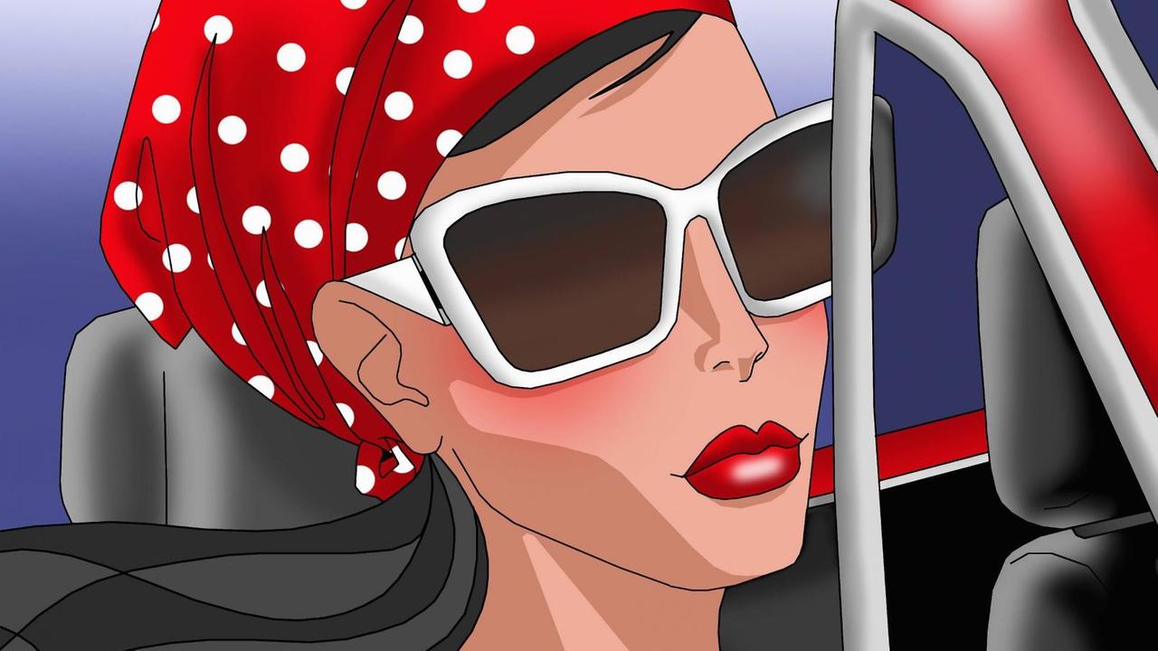 Glamouröse Frau mit Sonnenbrille in einem Sportwagen Glamouröse Frau mit Sonnenbrille in einem Sportwagen