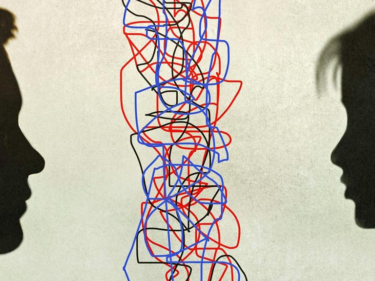 Eine Illustration zeigt die Schattenumrisse zweier Gesichter, die sich ansehen. Zwischen ihnen eine Wolke von verwickelten roten, blauen und schwarzen Linien.