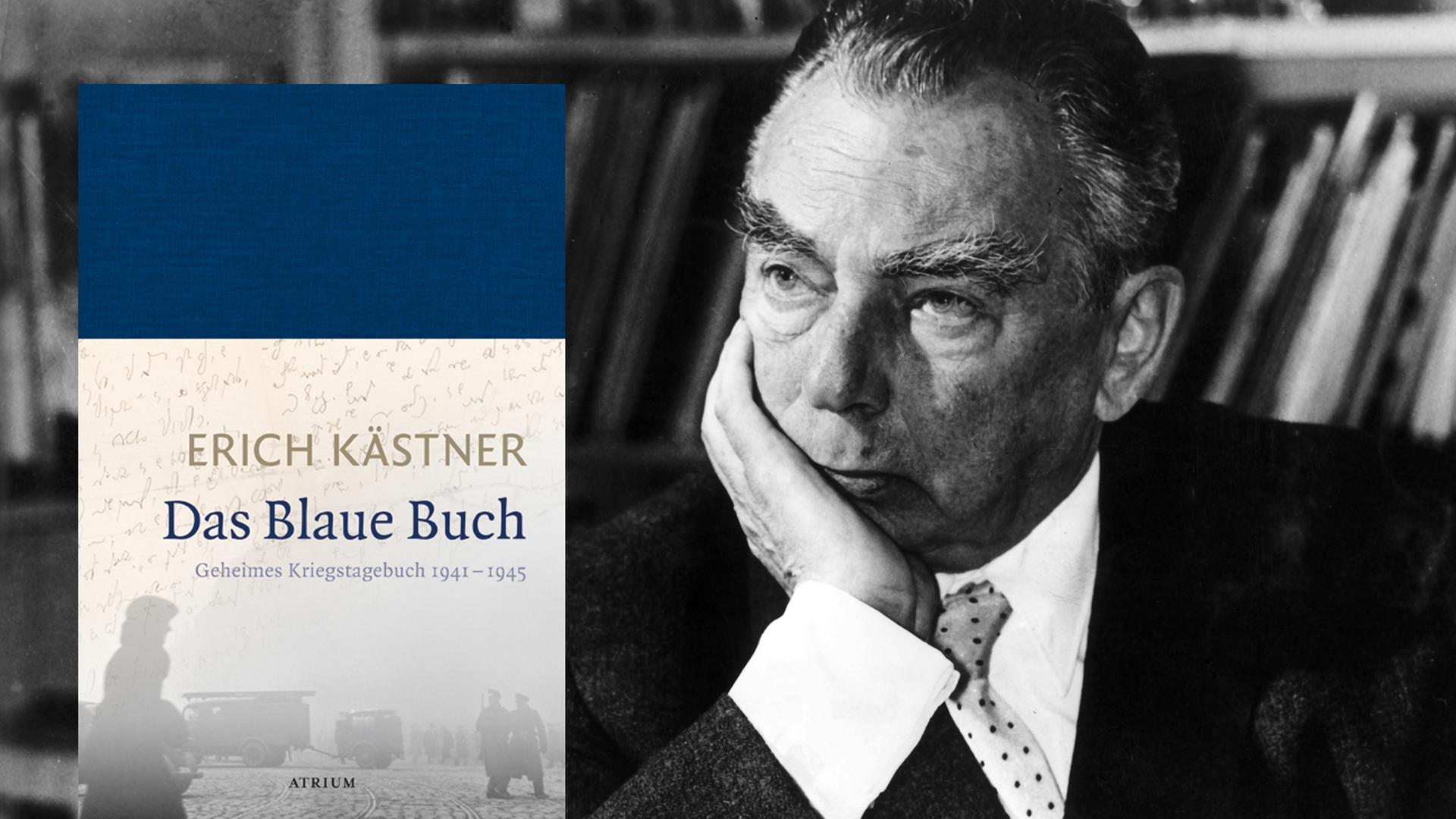 Das Cover von Erich Kästners "Das Blaue Buch"; im Hintergrund ist der Schriftsteller zu sehen. Das Cover von Erich Kästners "Das Blaue Buch"; im Hintergrund ist der Schriftsteller zu sehen.