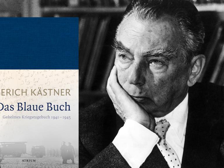 Das Cover von Erich Kästners "Das Blaue Buch"; im Hintergrund ist der Schriftsteller zu sehen.