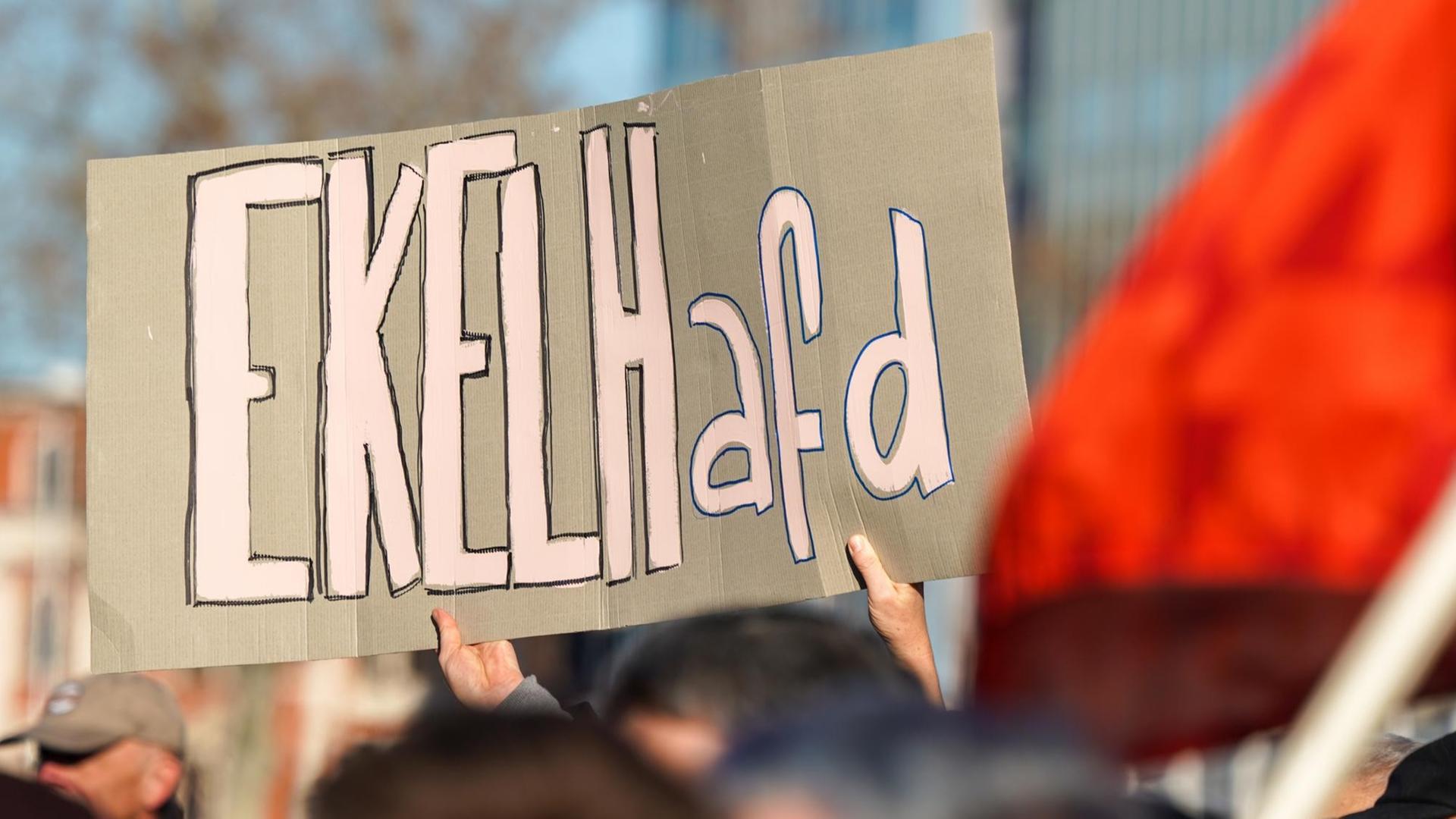 In Gera in Thüringen hält eine Demonstrantin ein Plakat mit der Aufschrift «EKELHafd» während einer Kundgebung und Demonstration unter dem Motto «Für ein weltoffenes Thüringen - Gegen faschistische Paktierereien» hoch. Zu der Protestveranstaltung hatte der Stadtverband der Linken Gera aufgerufen. In Gera in Thüringen hält eine Demonstrantin ein Plakat mit der Aufschrift «EKELHafd» während einer Kundgebung und Demonstration unter dem Motto «Für ein weltoffenes Thüringen - Gegen faschistische Paktierereien» hoch. Zu der Protestveranstaltung hatte der Stadtverband der Linken Gera aufgerufen.