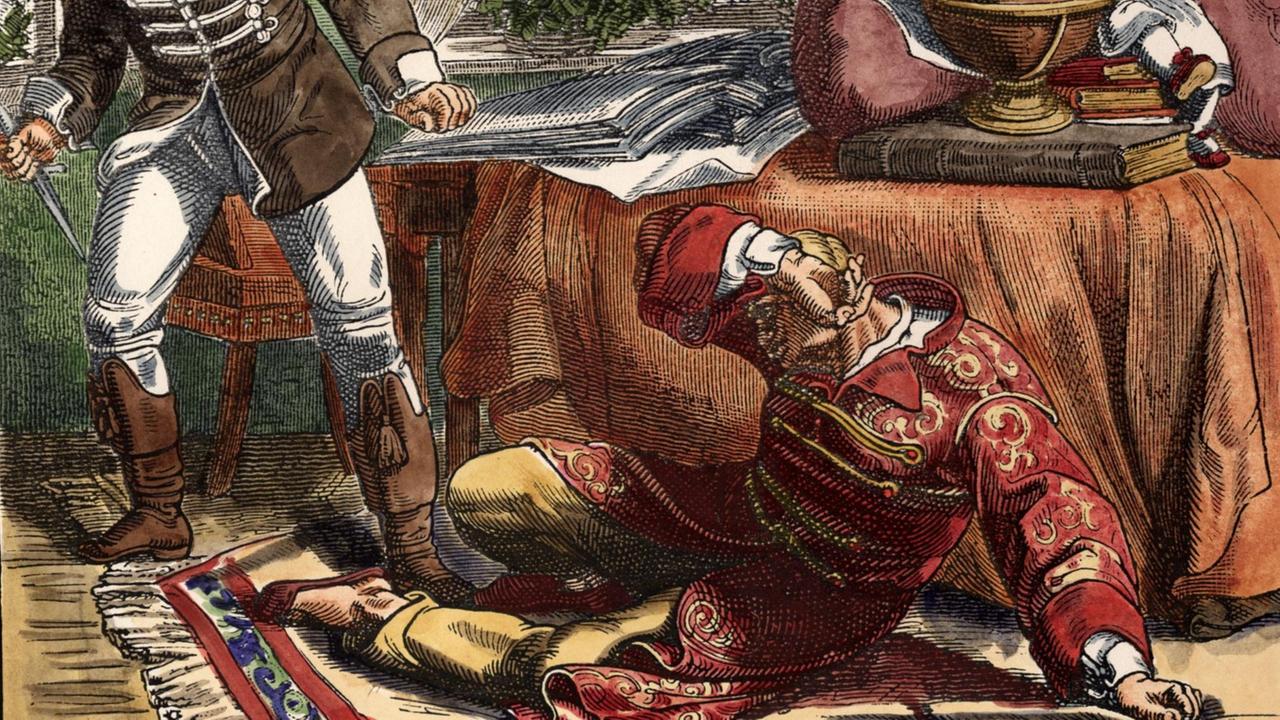 Der um 1860 erstellte und später nachcolorierte Holzstich von Friedrich Hottenroth zeigt den am Boden liegenden Schriftsteller August von Kotzebue, neben ihm Karl Ludwig Sand mit blutigem Dolch in der Hand Der um 1860 erstellte und später nachcolorierte Holzstich von Friedrich Hottenroth zeigt den am Boden liegenden Schriftsteller August von Kotzebue, neben ihm Karl Ludwig Sand mit blutigem Dolch in der Hand
