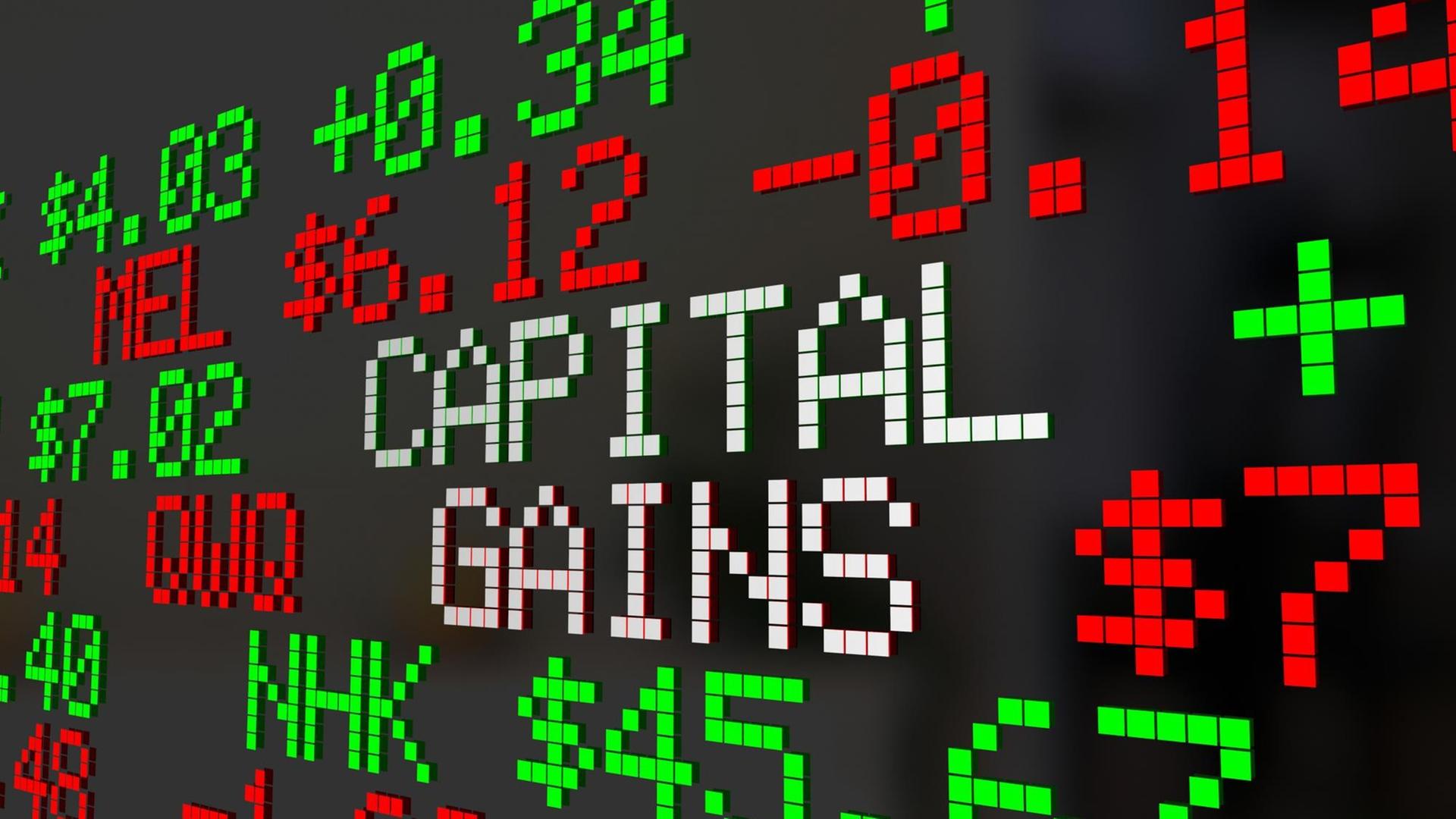 Auf einer Computerschautafel sind rote und grüne Zahlen sowie der Begriff "Capital Gains" in Pixelschrift zu sehen.