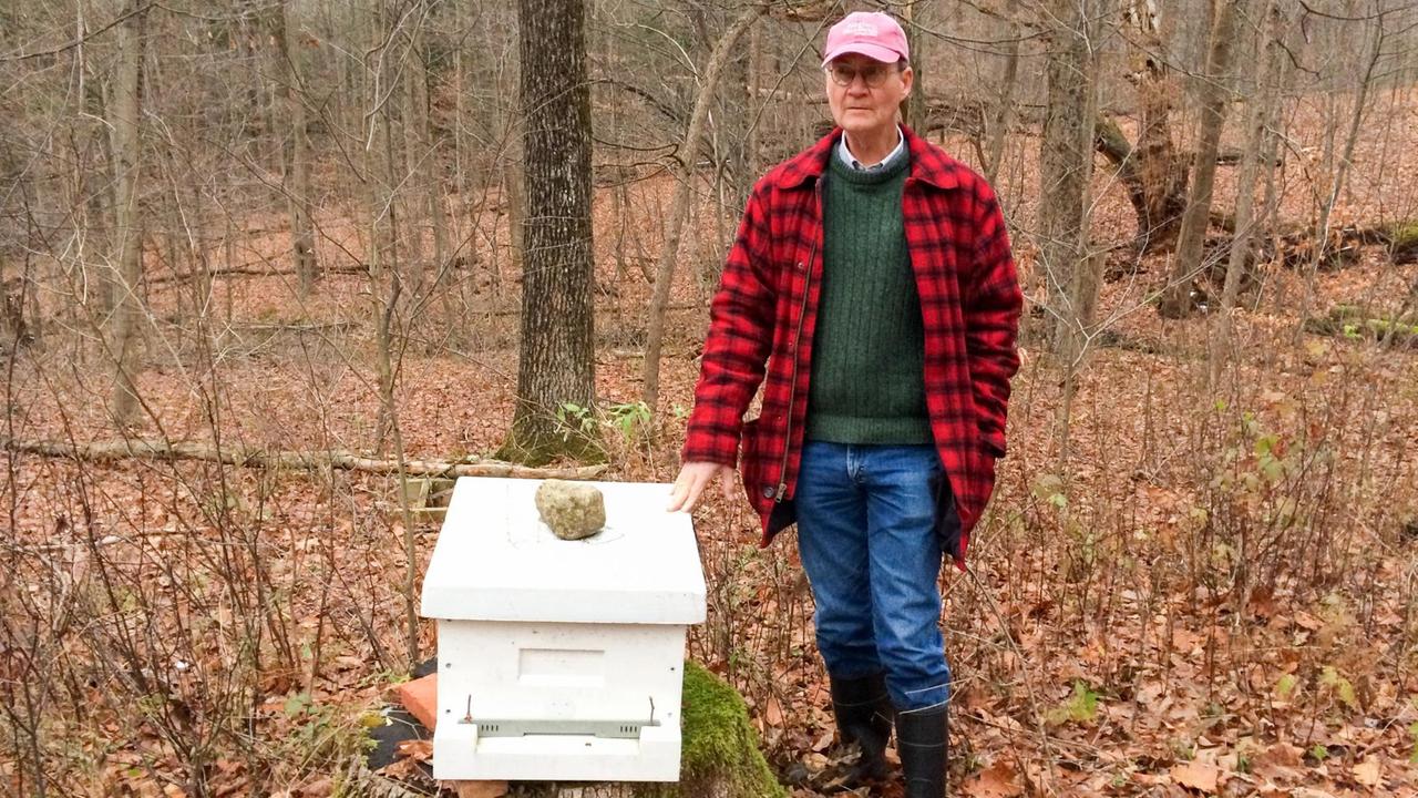 Professor Thomas Seeley steht neben einem Bienenstockkasten aus Styropor Professor Thomas Seeley steht neben einem Bienenstockkasten aus Styropor