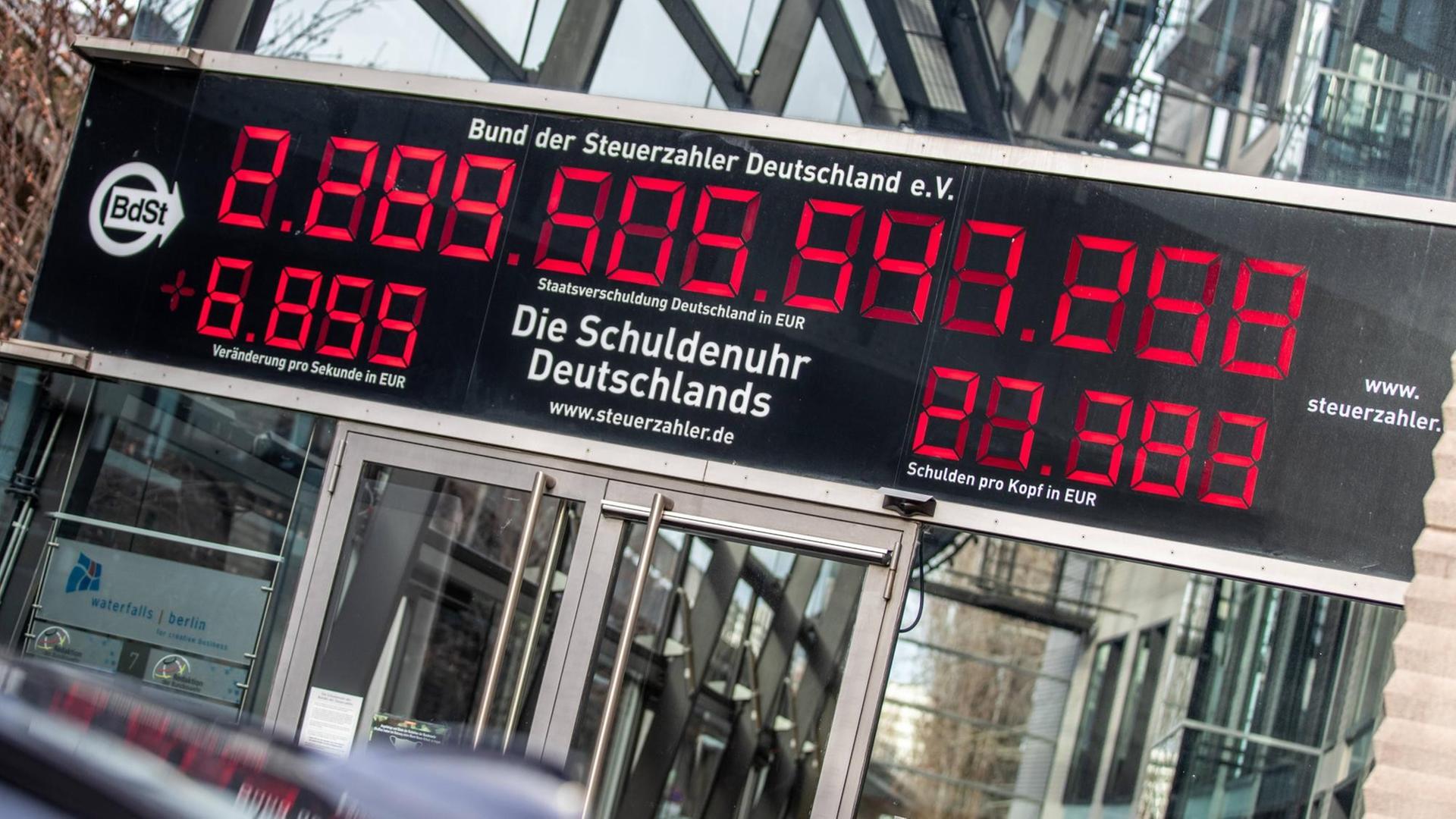 Schuldenuhr des Bundes der Steuerzahler im Januar 2021. Schon damals zeigte sie mehr als 2,2 Billionen Euro Staatsverschuldung in Deutschland, rund 27.000 Euro pro Kopf. Schuldenuhr des Bundes der Steuerzahler im Januar 2021. Schon damals zeigte sie mehr als 2,2 Billionen Euro Staatsverschuldung in Deutschland, rund 27.000 Euro pro Kopf.