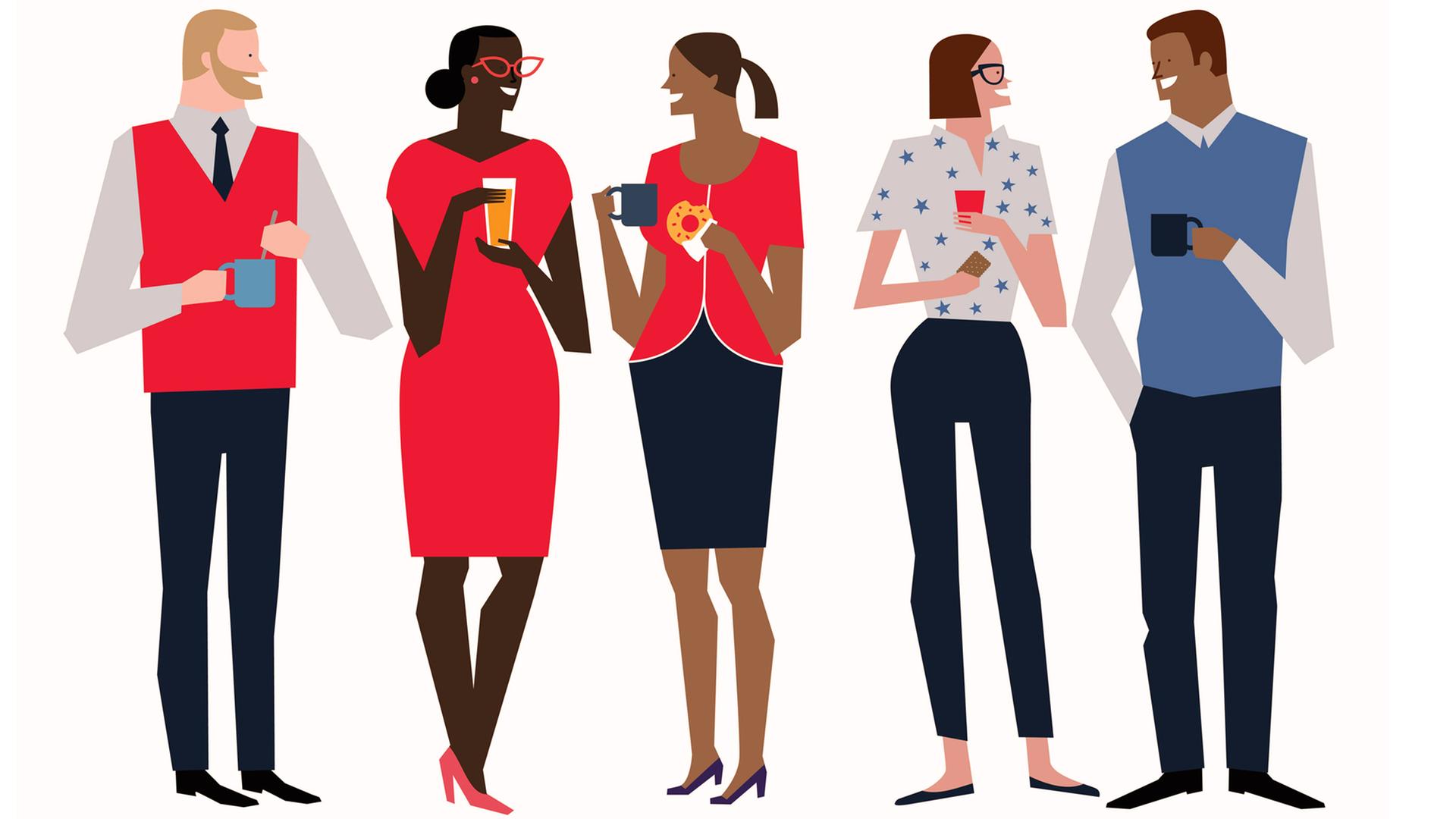 Eine Illustration zeigt Menschen im Gespräch, während sie Kaffee trinken. Eine Illustration zeigt Menschen im Gespräch, während sie Kaffee trinken.