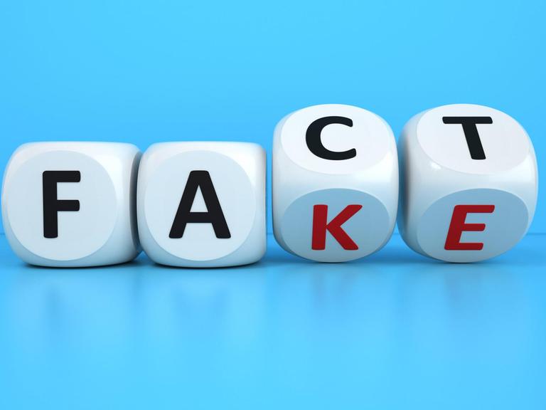 Würfel, die auf der Kippe stehen und sowohl auf "Fact", als auch auf "Fake" landen könnten