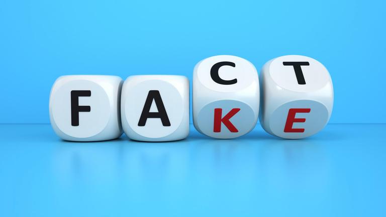 Würfel, die auf der Kippe stehen und sowohl auf "Fact", als auch auf "Fake" landen könnten