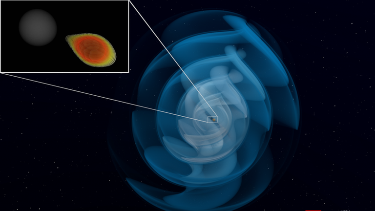 Farbige Computer-Simulation der Verschmelzung eines Neutronensterns mit einem Schwarzen Loch Farbige Computer-Simulation der Verschmelzung eines Neutronensterns mit einem Schwarzen Loch