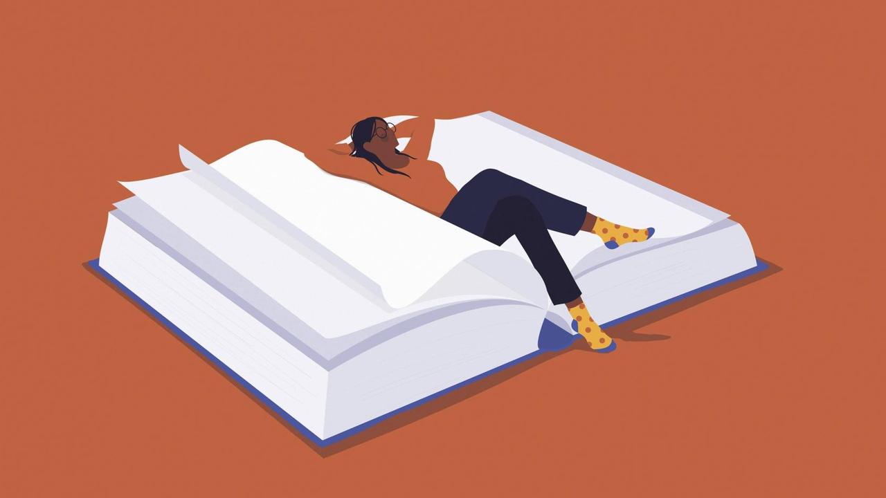 Illustration: eine Frau entspannt sich in einem aufgeschlagenen Buch. Illustration: eine Frau entspannt sich in einem aufgeschlagenen Buch.