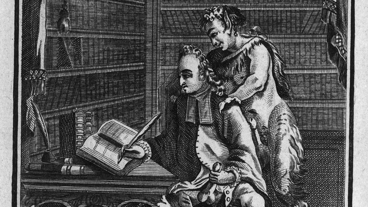 Erotischer Kupferstich (1786) "L'auteur occupe de son sujet" (anonym). Abgebildet ist ein Schriftsteller in seiner Bibliothek. Während er onaniert umarmt ihn von hinten eine Gestalt mit Ziegenfüßen. Aus: Jean Charles Gervaise de Latouche, Histoire de Dom B..., Portier des Chartreux, Rome (d.i.Paris) 1786. Ehemals Sammlung Roger Peyrefitte. Privatsammlung. Erotischer Kupferstich (1786) "L'auteur occupe de son sujet" (anonym). Abgebildet ist ein Schriftsteller in seiner Bibliothek. Während er onaniert umarmt ihn von hinten eine Gestalt mit Ziegenfüßen. Aus: Jean Charles Gervaise de Latouche, Histoire de Dom B..., Portier des Chartreux, Rome (d.i.Paris) 1786. Ehemals Sammlung Roger Peyrefitte. Privatsammlung.