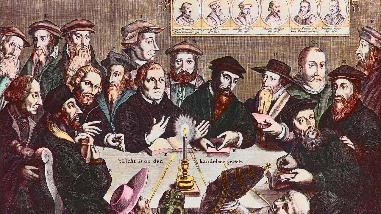 Der Kupferstich "Das Licht ist auf den Kandelaber gestellt" von Jan Houwens zeigt ein imaginiertes Treffen von Führern der Reformation: Calvin, Luther, Zwingli, Wyclif, Jan Hus, Jerome von Prag, Bucer, Melanchton und viele mehr. 
