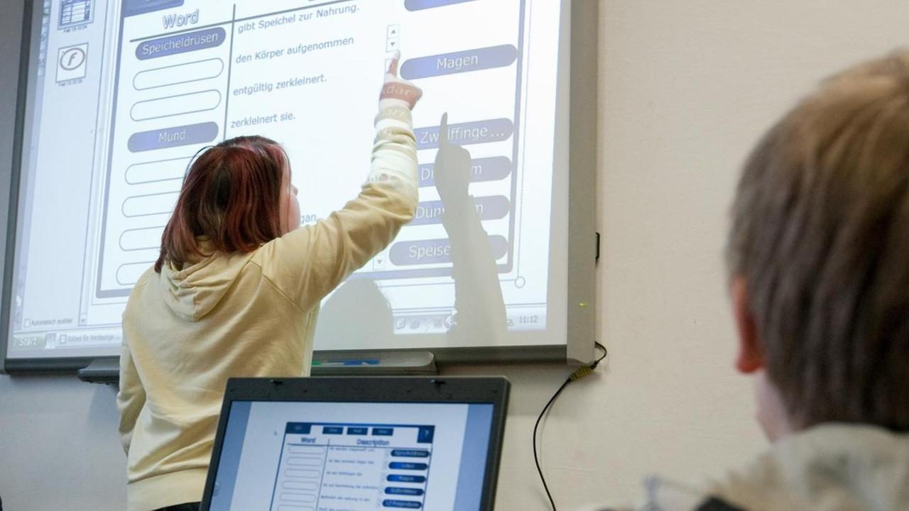 Schüler von einer 6. Klasse schauen auf eine Computer-Tafel. Schüler von einer 6. Klasse schauen auf eine Computer-Tafel.