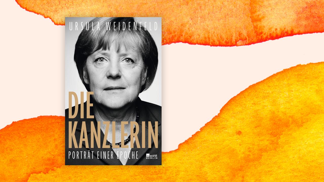 Das Cover des Buches von Ursula Weidenfeld, "Die Kanzlerin. Porträt einer Epoche"  auf orange-weißem Hintergrund.