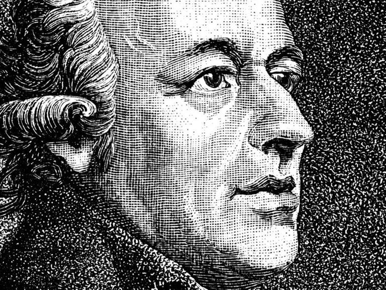 Historische Zeichnung eines Mannes mit typischer Perücke und erhobenem Blick.