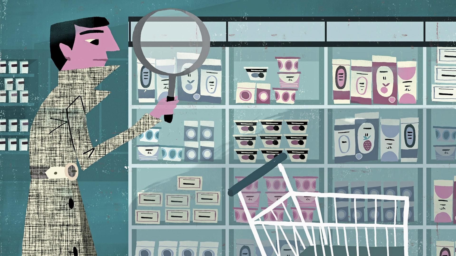 Eine Illustration zeigt einen Detektiv, der im Supermarkt mit einer Lupe Produkte untersucht. Eine Illustration zeigt einen Detektiv, der im Supermarkt mit einer Lupe Produkte untersucht.
