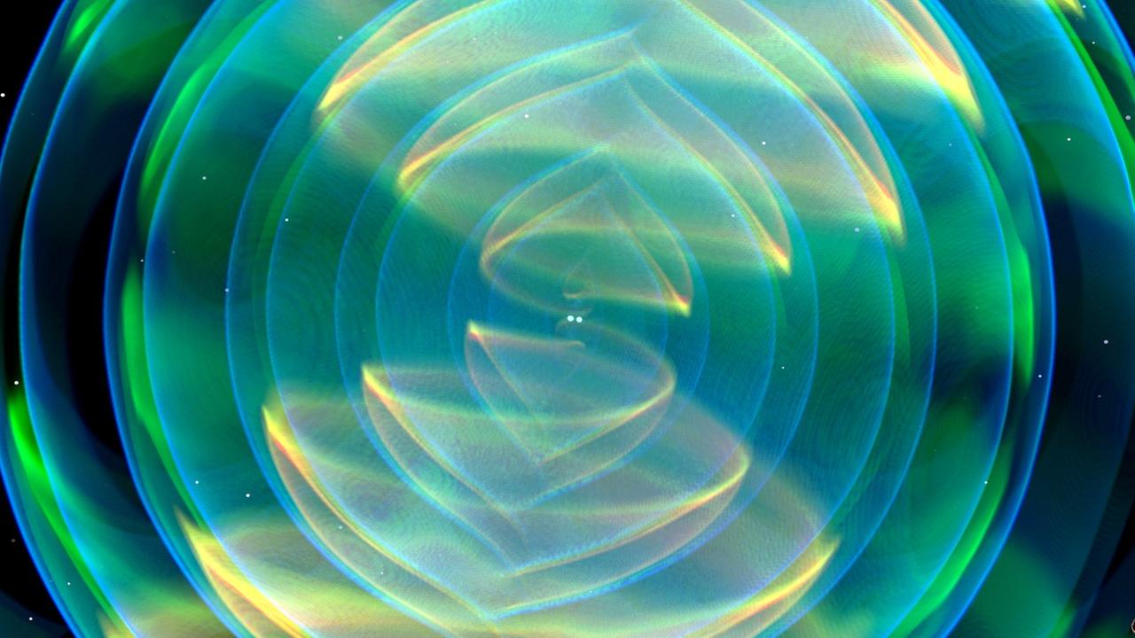 Optische Darstellung einer Simulationsrechnung, wie zwei verschmelzende Neutronensterne Gravitationswellen abgeben Bildrechte: Numerisch-relativistische Simulation: T. Dietrich (Max-Planck-Institut für Gravitationsphysik) und BAM-Kollaboration Wissenschaftliche Visualisierung: T. Dietrich, S. Ossokine, H. Pfeiffer, A. Buonanno (Max-Planck-Institut für Gravitationsphysik) Optische Darstellung einer Simulationsrechnung, wie zwei verschmelzende Neutronensterne Gravitationswellen abgeben Bildrechte: Numerisch-relativistische Simulation: T. Dietrich (Max-Planck-Institut für Gravitationsphysik) und BAM-Kollaboration Wissenschaftliche Visualisierung: T. Dietrich, S. Ossokine, H. Pfeiffer, A. Buonanno (Max-Planck-Institut für Gravitationsphysik)