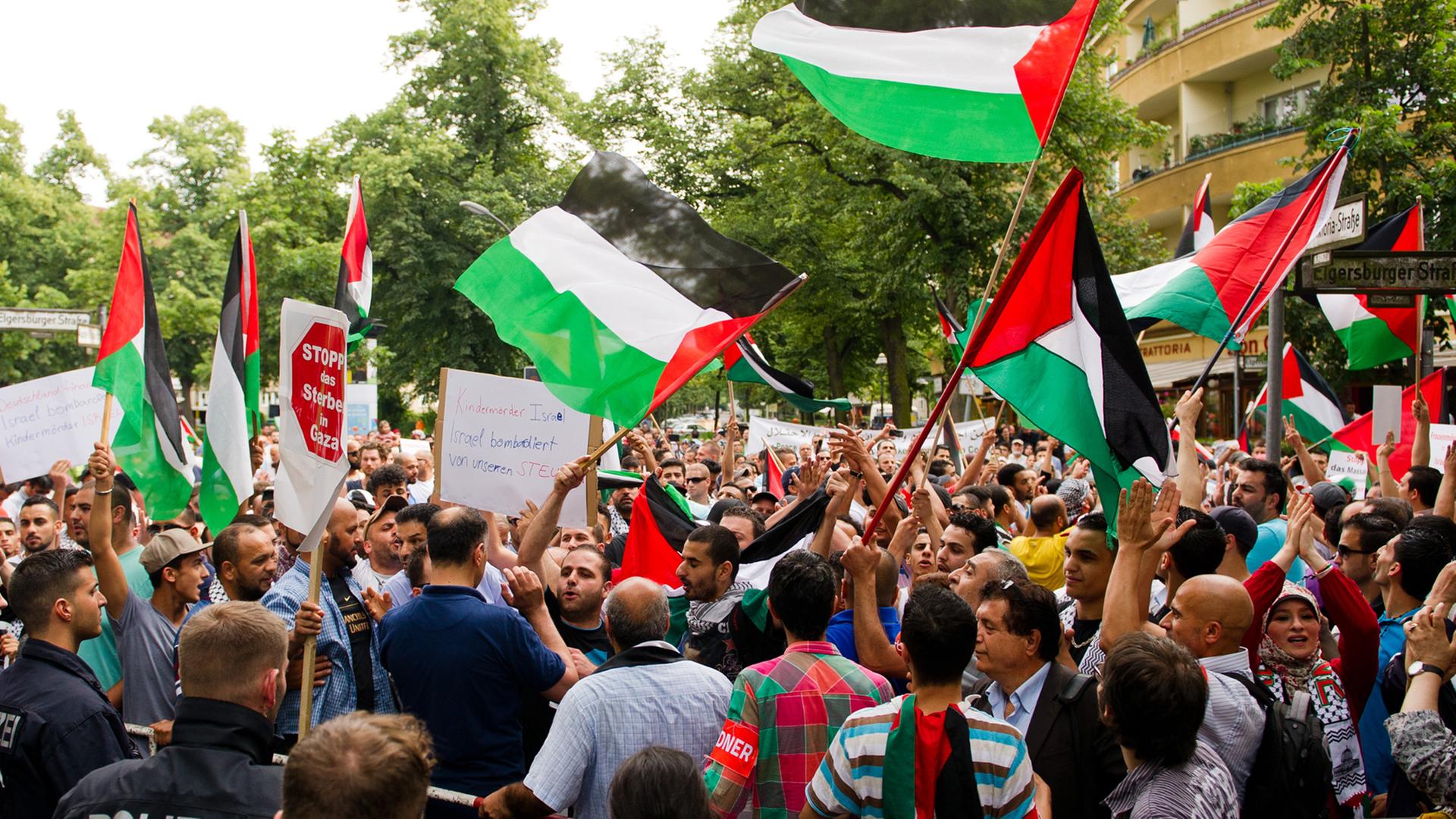 Teilnehmer einer pro-palästinensischen Kundgebung in Berlin schwenken Palästina-Fahnen Teilnehmer einer pro-palästinensischen Kundgebung in Berlin schwenken Palästina-Fahnen